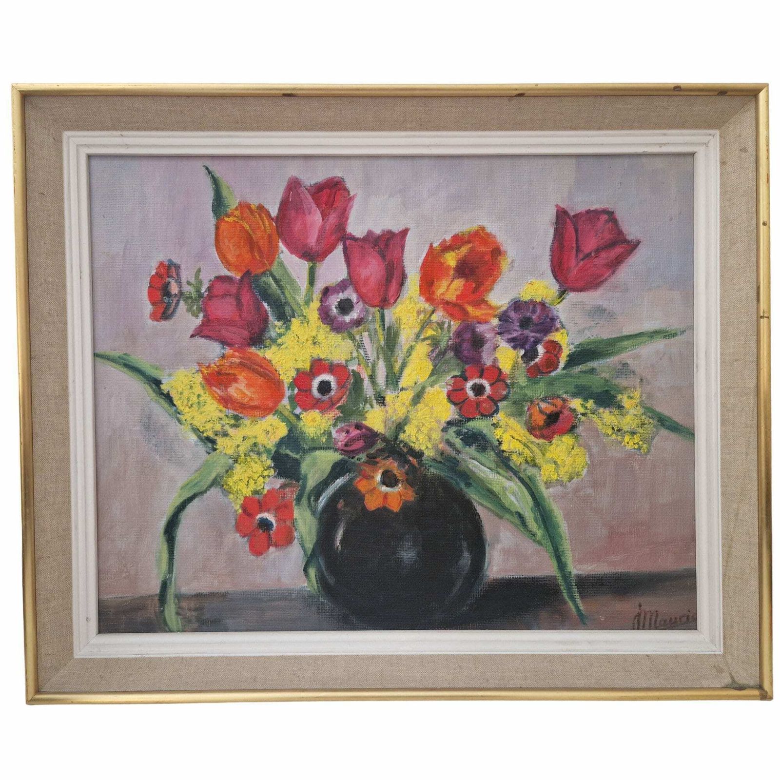 Flower Still Life Painting With Tulips, Anemones And Mimosas, French Country Floral Arrangement Art