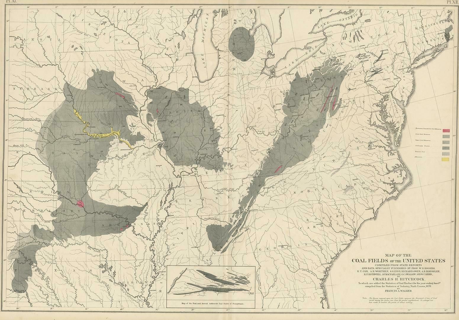 Antique Map Of The Coal Fields Of The United States By Walker '1874'