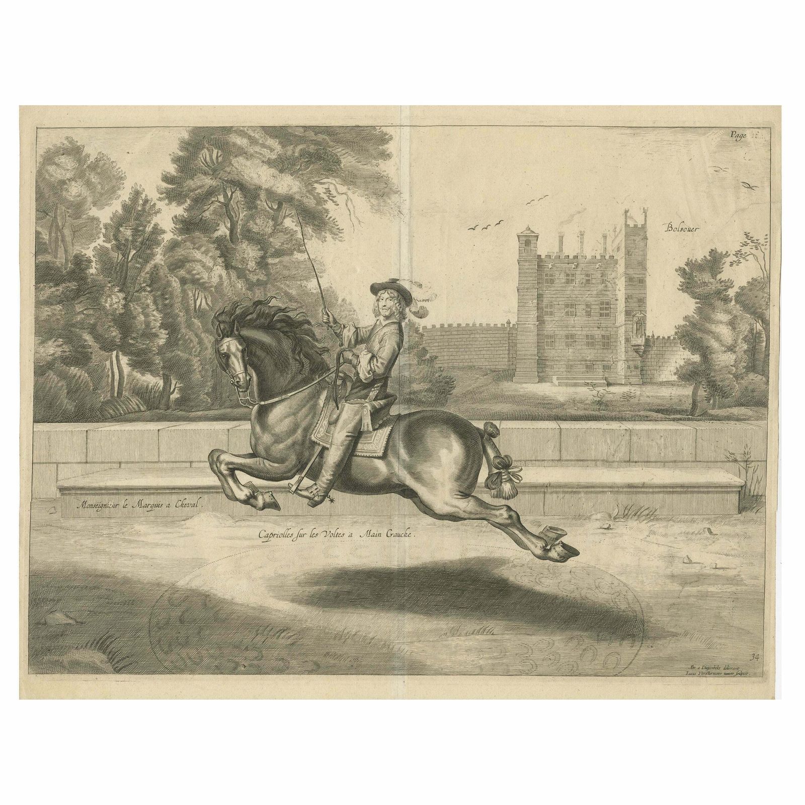 Antique Print Of A Nobleman Galloping Past Bolsover Castle In Derbyshire