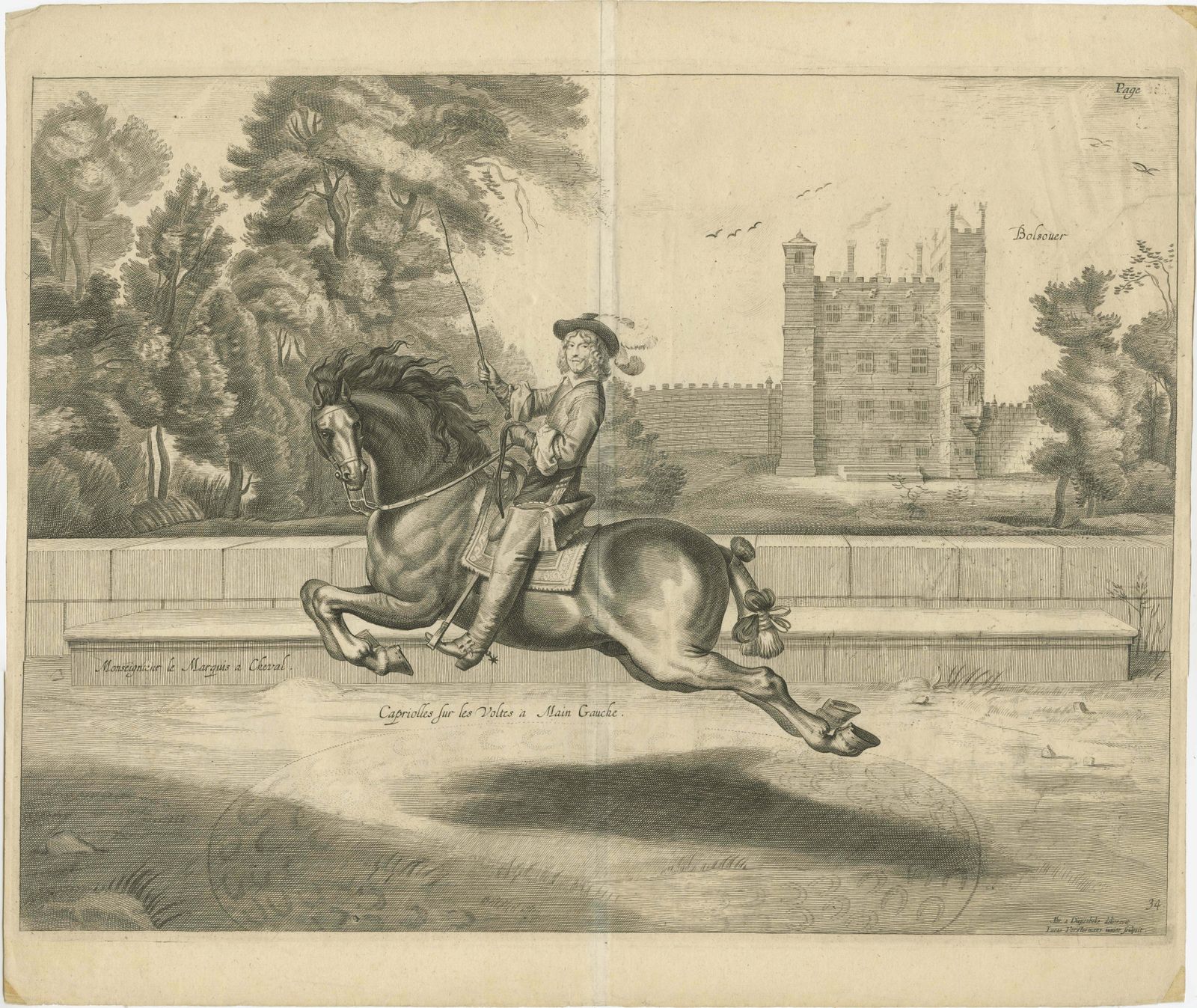 Antique Print Of A Nobleman Galloping Past Bolsover Castle In Derbyshire photo furniture