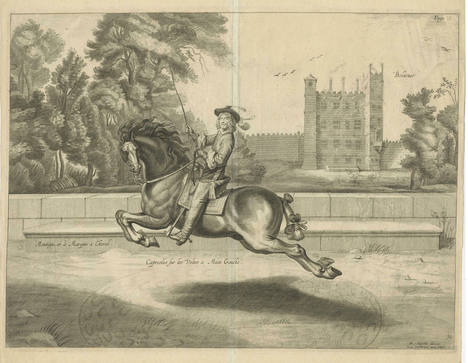 Antique Print Of A Nobleman Galloping Past Bolsover Castle In Derbyshire photo for sale