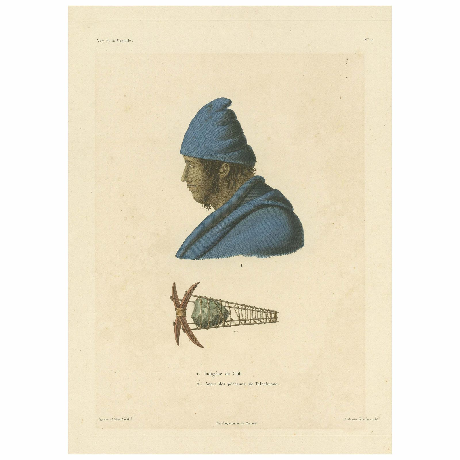Antique Print Of A Chilean Indian And Fisherman's Anchor