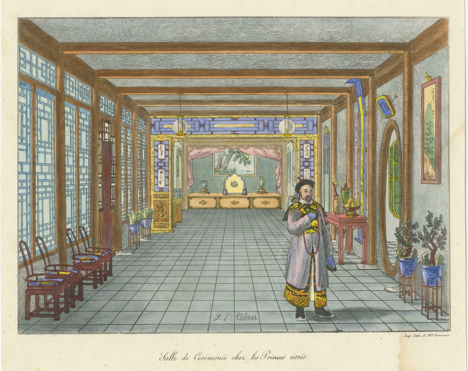 Antique Print Of A Chinese Ceremony Hall photo for sale