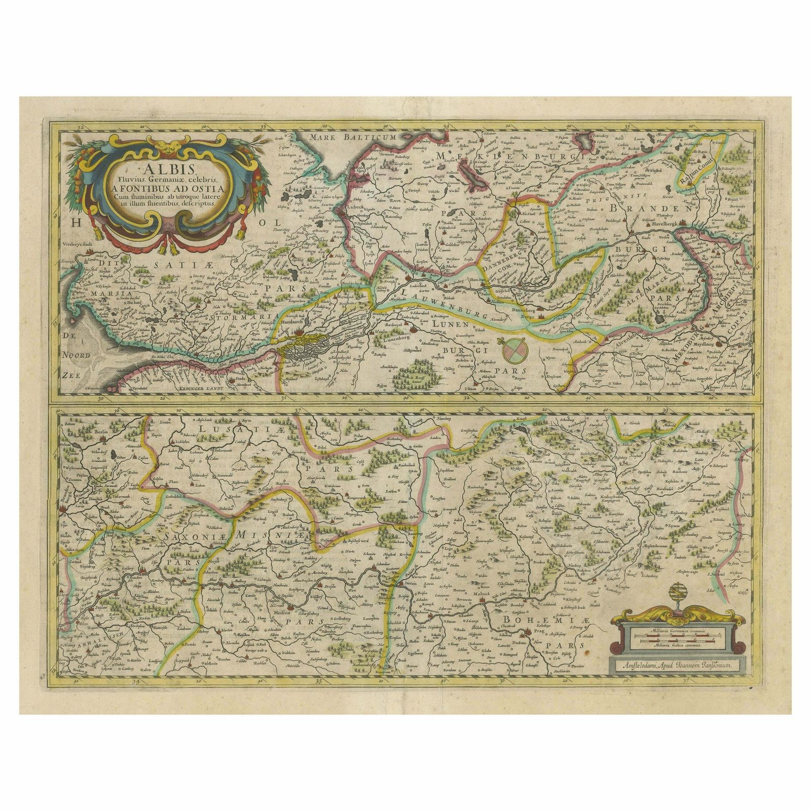 Antique Map Of The Of The Course Of The Albis River 'Or Elbe River'