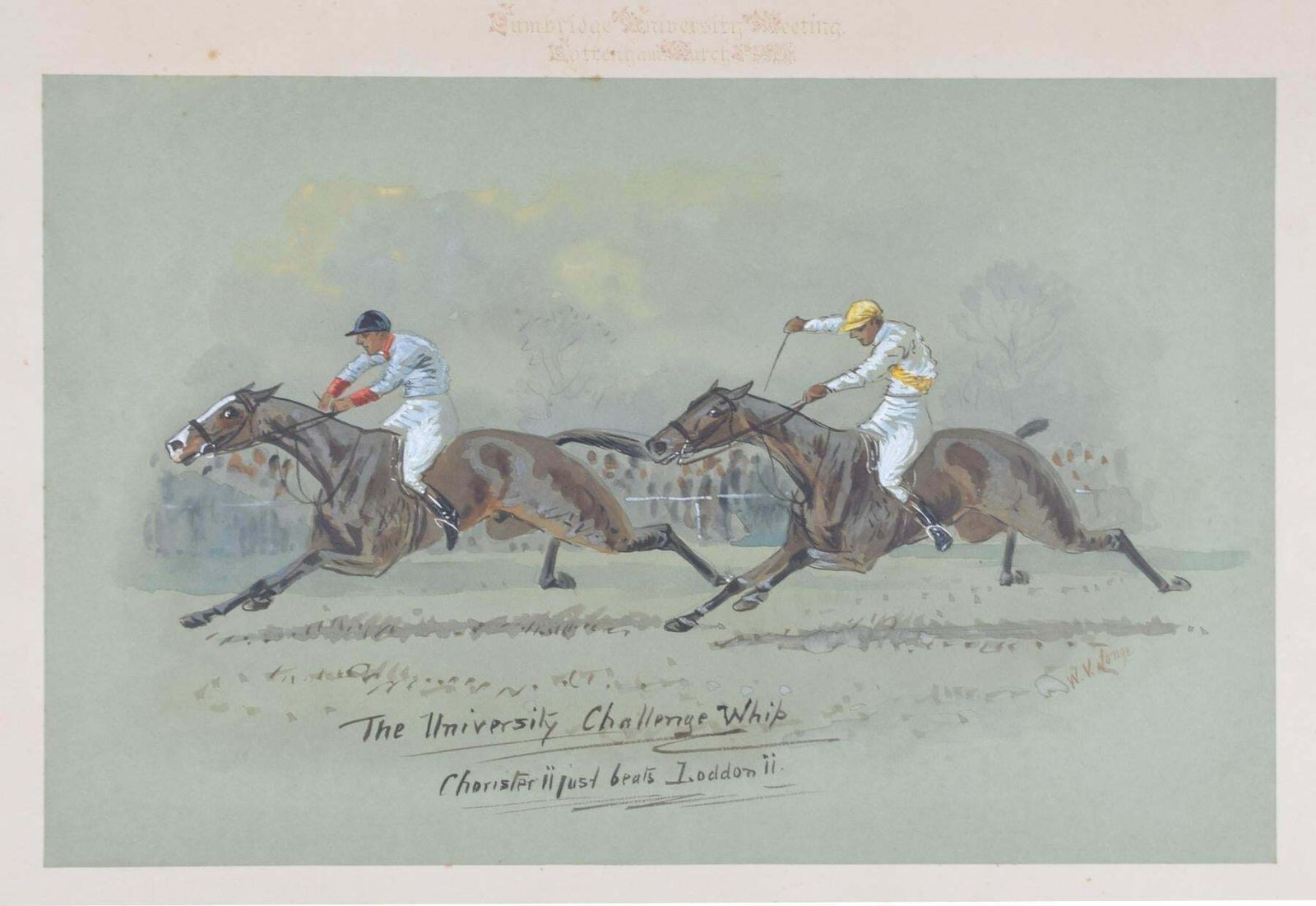 William Verner Longe Horse Racing Cambridge University Jockeys Watercolour By William Verner Longe 1900
