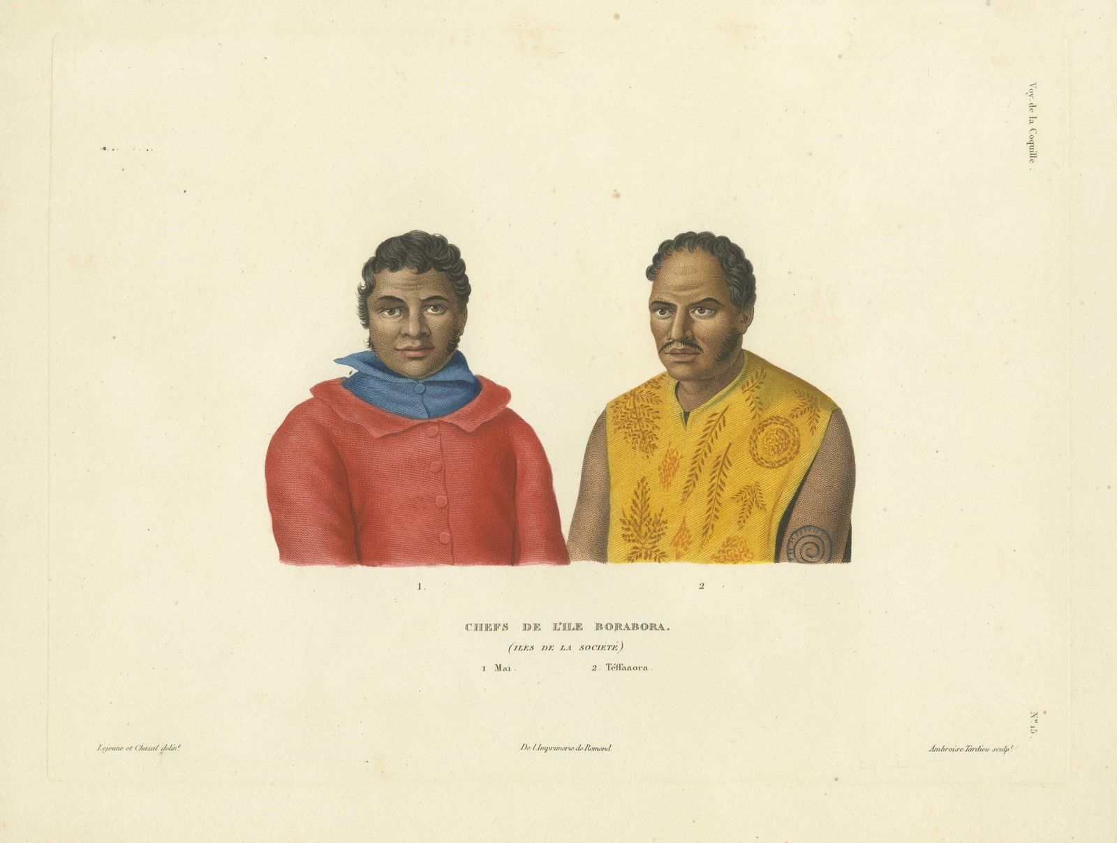 Antique Print Of Mai And Téffaanora, Heads Of The Island Of Bora Bora photo for sale