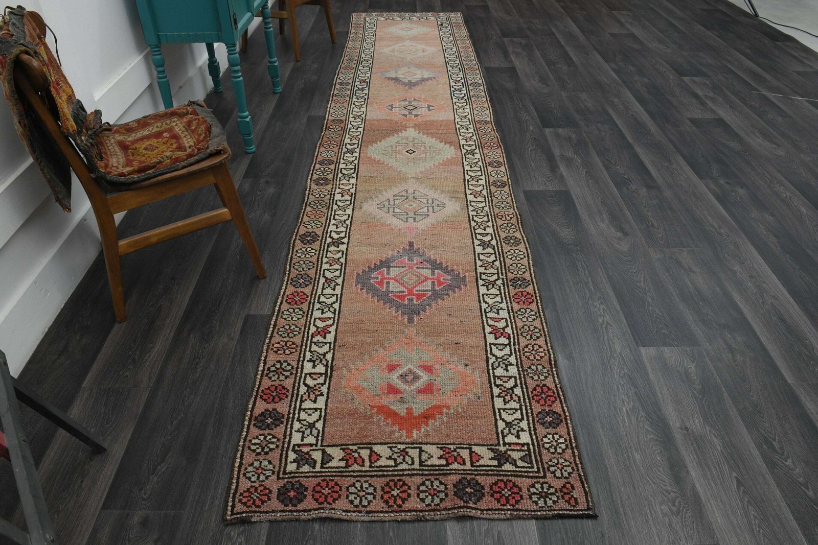 3x14 Faded Orange Beige Hallway Rug, Handmade Turkish Rug, Vintage Rug, Wool, Oushak Rug, Runner Rug, Hallway Kitchen Rug, 3x14 Long Rug photo for sale