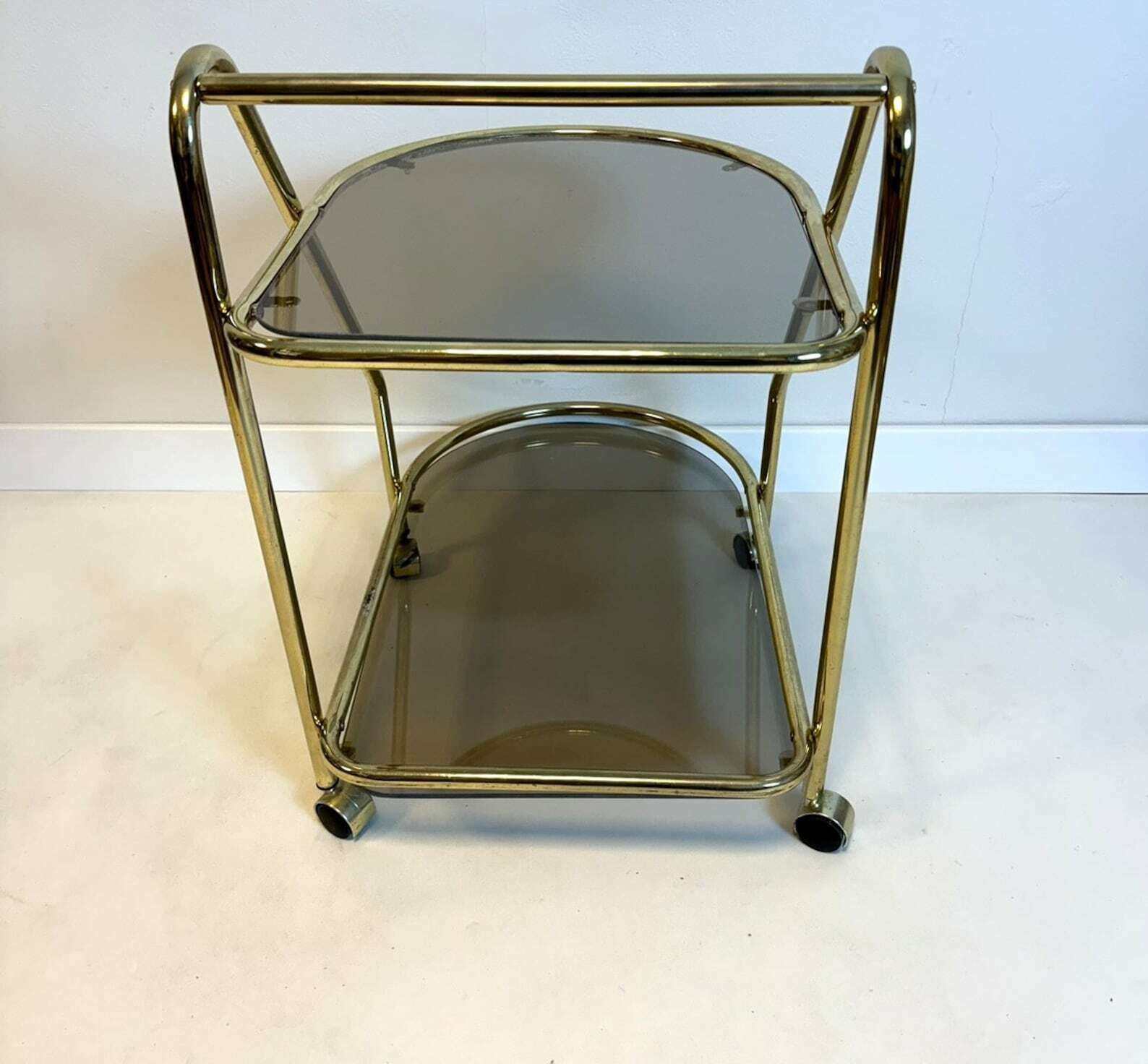 Vintage Hollywood Regency Brass/Smoked Glass Bar Cart photo Furniture