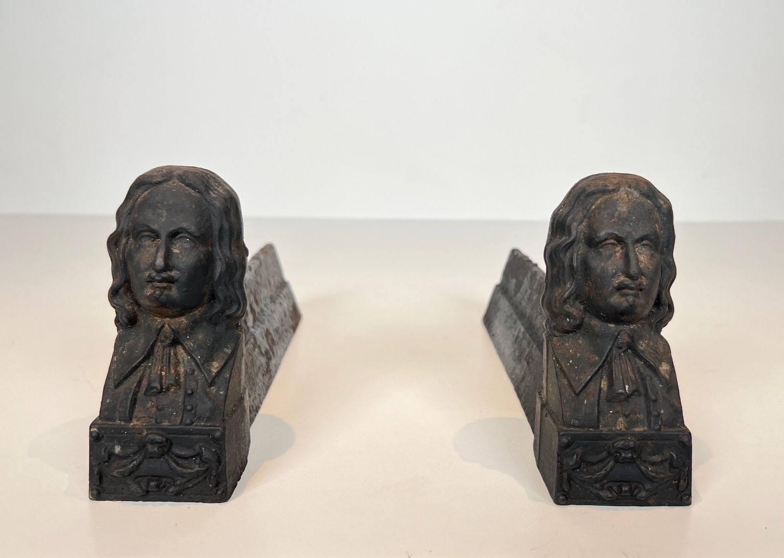 Pair Of Cast Iron Andirons With The Effigy Of Beethoven photo for sale