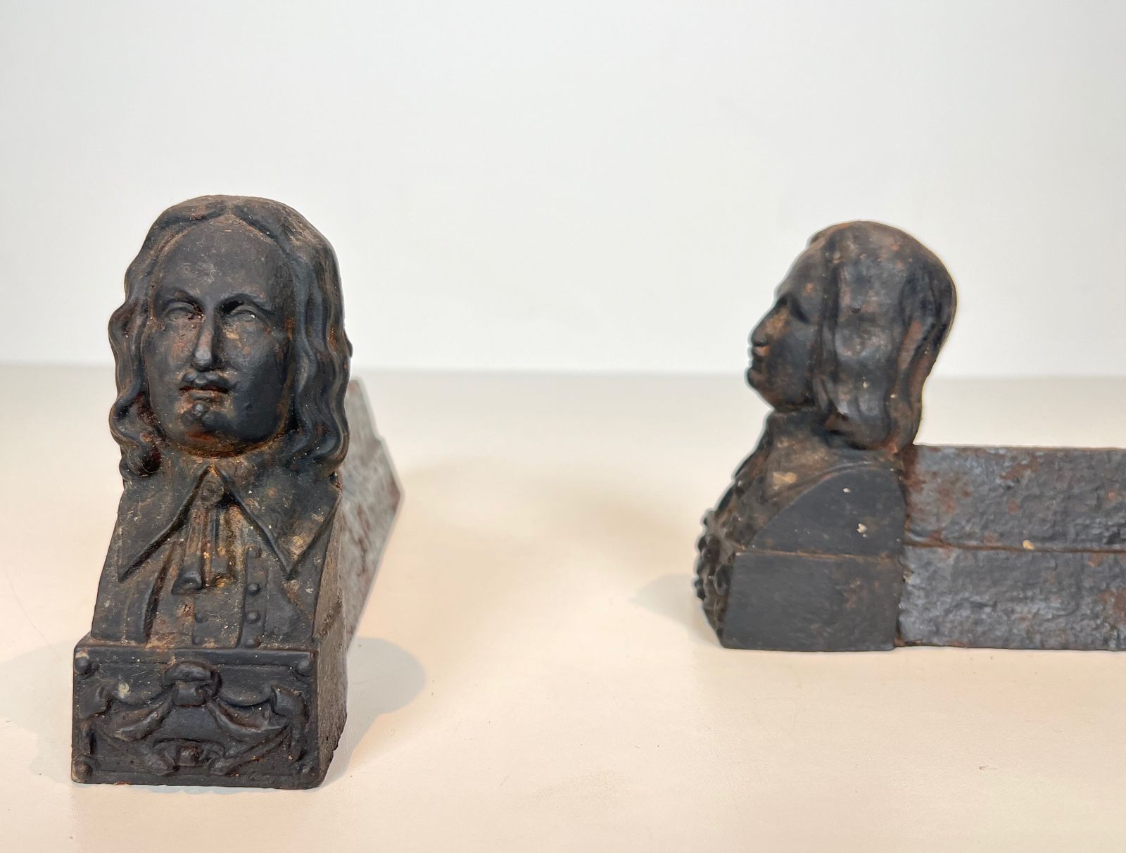 Pair Of Cast Iron Andirons With The Effigy Of Beethoven photo vinterior