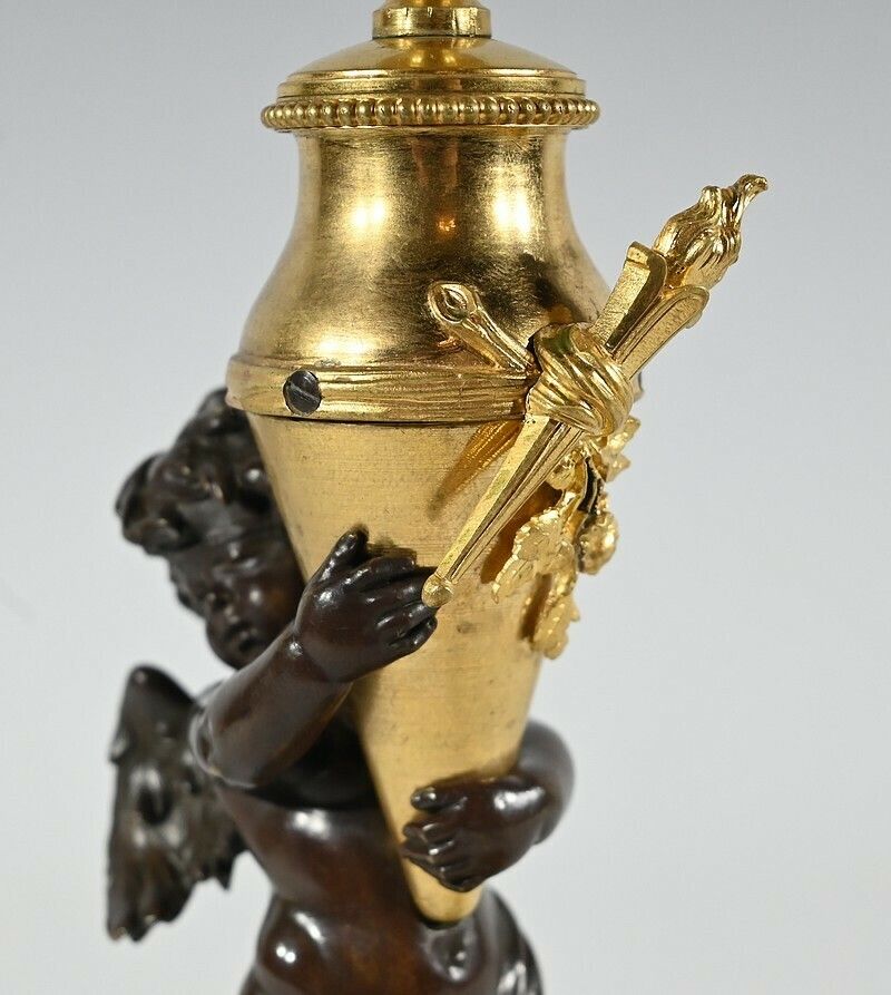 photo vinterior Bronze Candlestick “Blindfolded Love”, Signed Ferville Suan – Late 19th Century