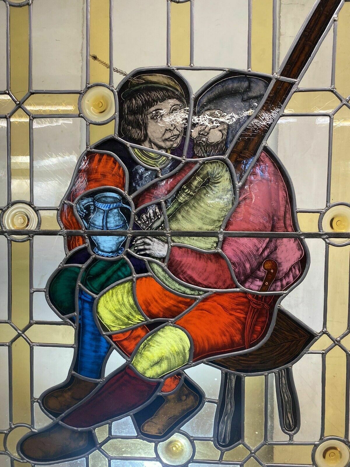 Large Medieval Stained Glass Hand Painted Window Panel Old Refufb Antique Lead photo for sale
