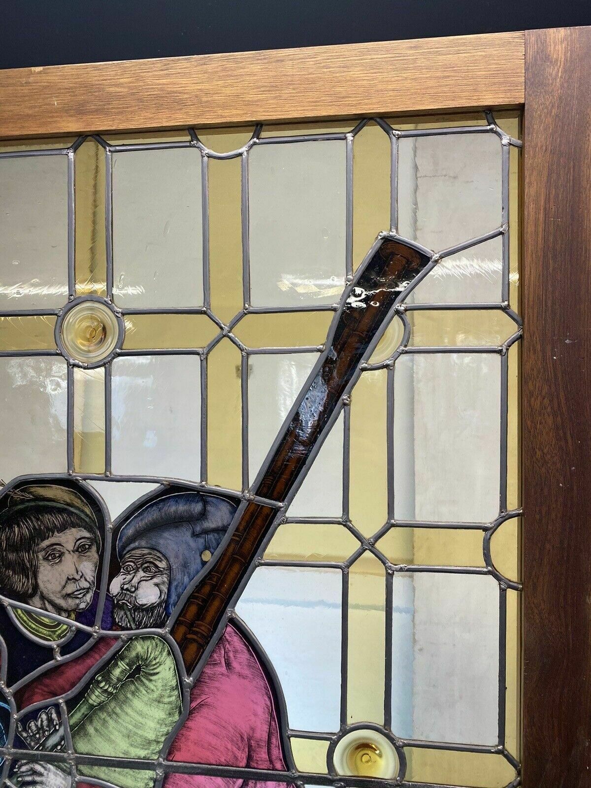 Large Medieval Stained Glass Hand Painted Window Panel Old Refufb Antique Lead photo 2891.0