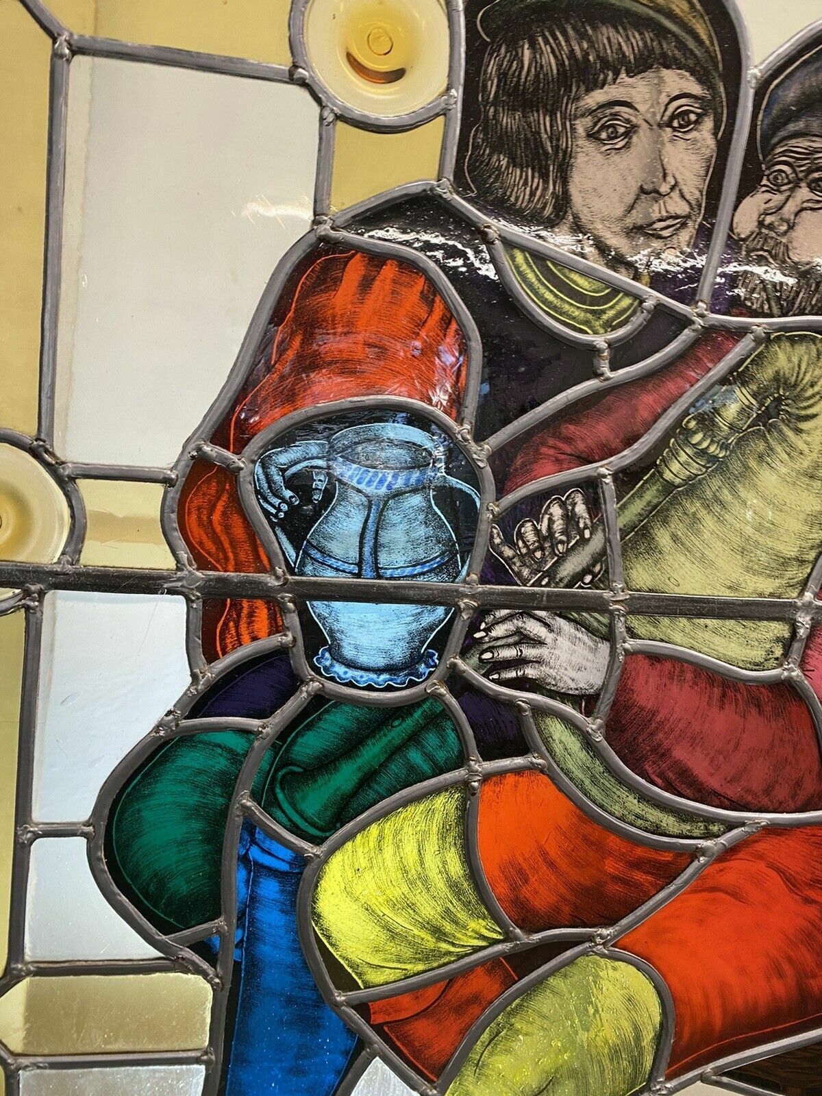 Large Medieval Stained Glass Hand Painted Window Panel Old Refufb Antique Lead photo buy