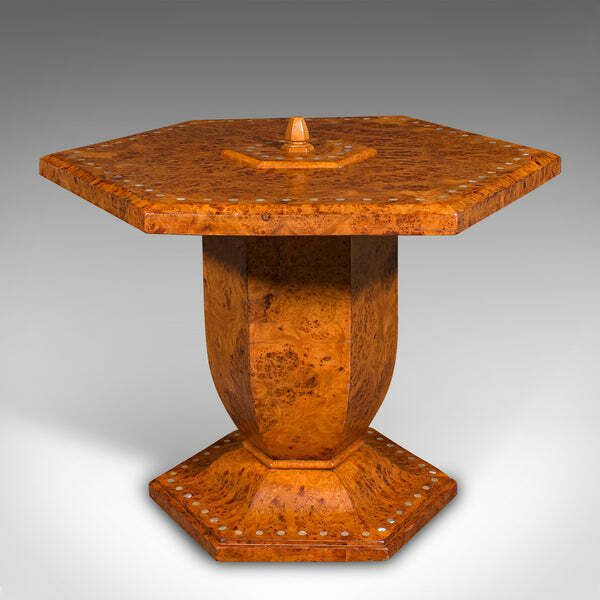 Vintage Hexagonal Coffee Table, English, Burr Walnut, Centrepiece, Art Deco photo Furniture