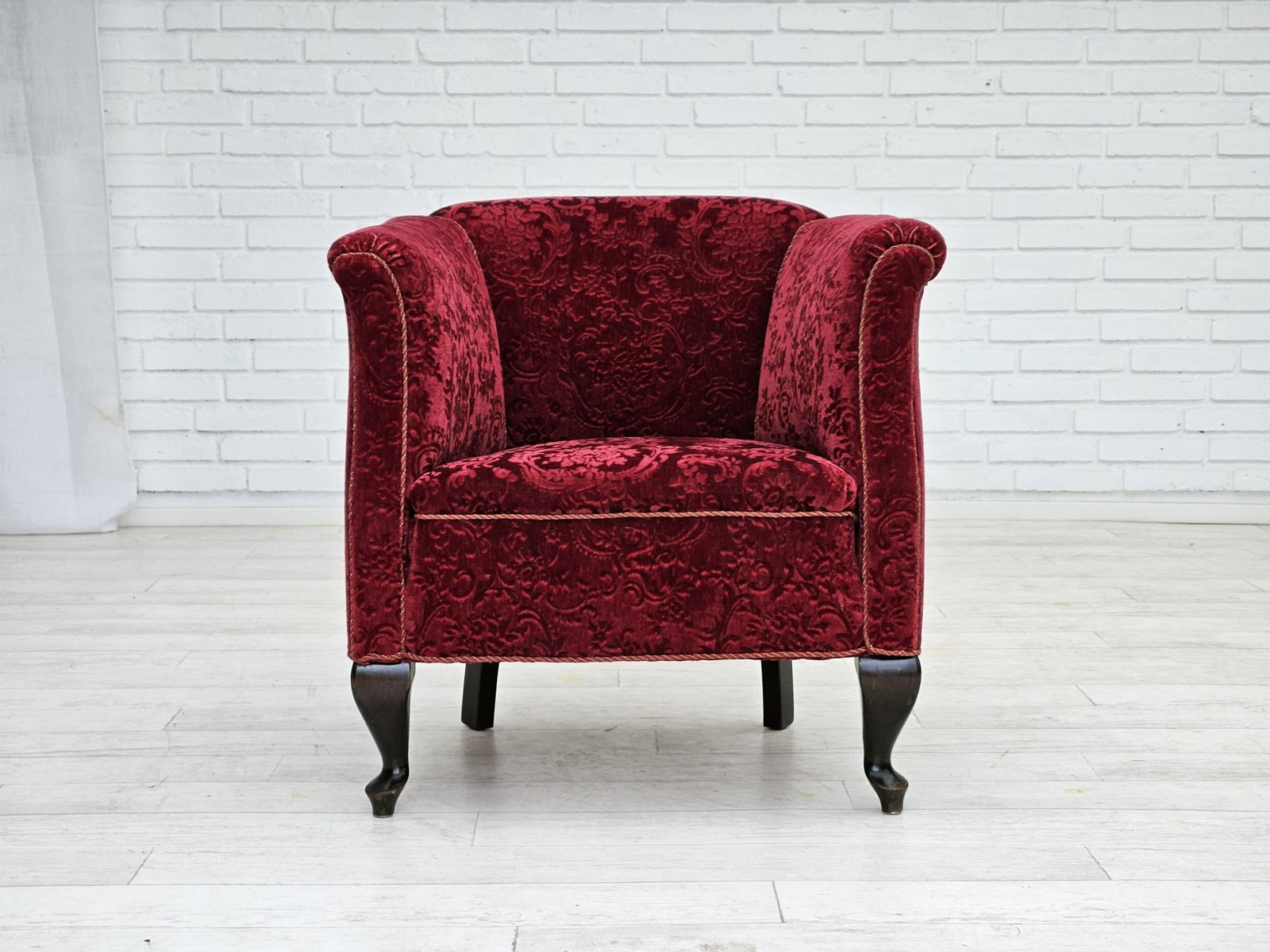1950s, Danish Vintage Chair, Red Cotton/Wool Fabric, Beech Wood. photo Furniture