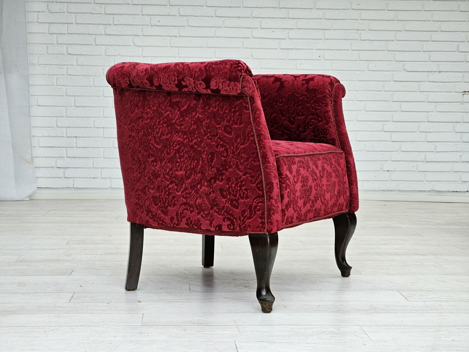1950s, Pair Of Danish Lounge Chairs, Red Cotton/Wool Fabric, Beech Wood. photo Furniture