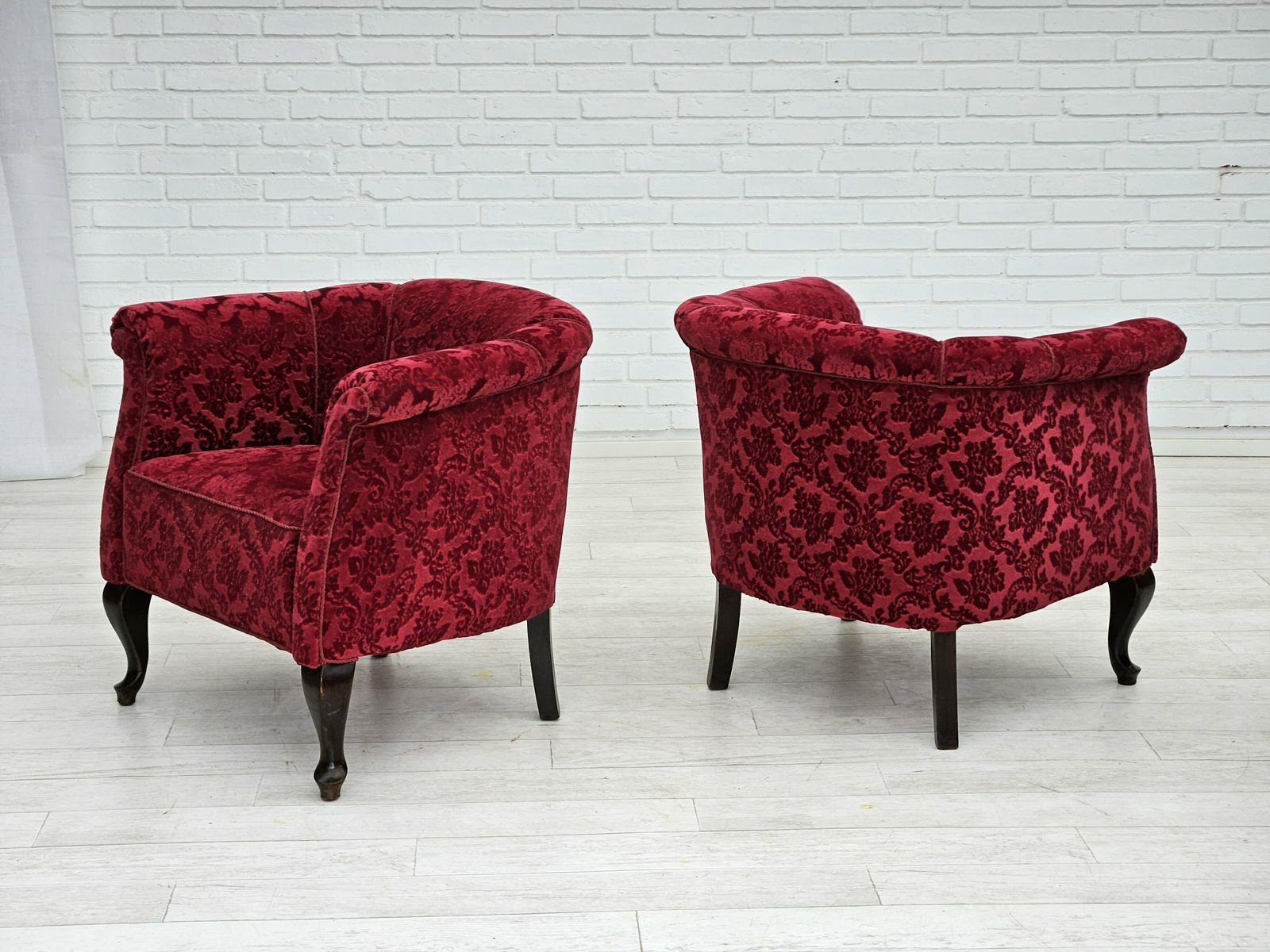 1950s, Pair Of Danish Lounge Chairs, Red Cotton/Wool Fabric, Beech Wood. photo vinterior