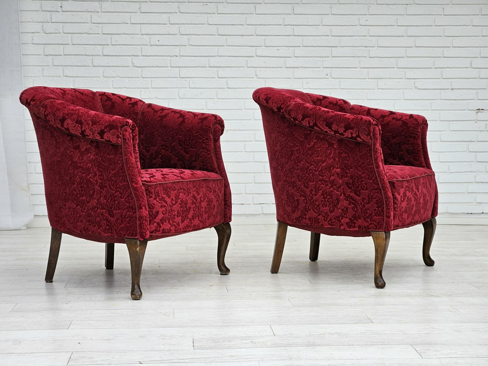 1950s, Pair Of Danish Lounge Chairs, Red Cotton/Wool Fabric. photo 1870.0