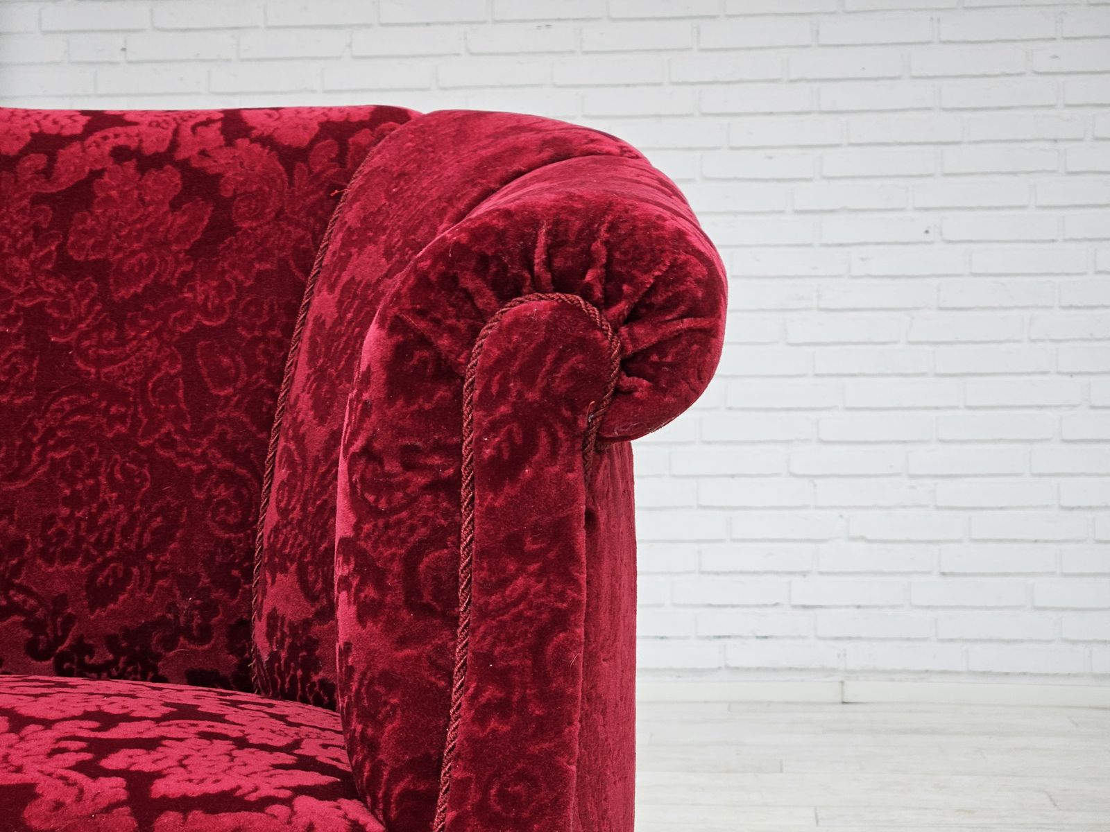 photo furniture 1950s, Pair Of Danish Lounge Chairs, Red Cotton/Wool Fabric.
