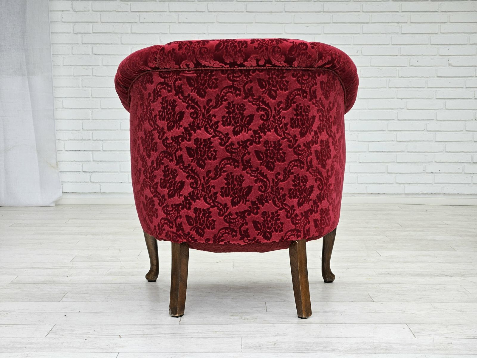 photo for sale 1950s, Pair Of Danish Lounge Chairs, Red Cotton/Wool Fabric.