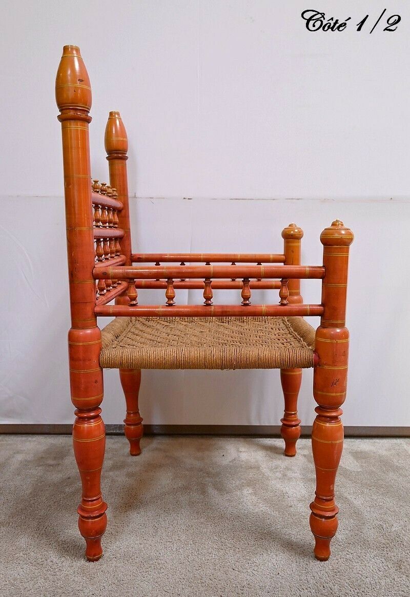 photo vintage Armchair In Painted Wood And Braided Ropes, India – 1st Part 20th Century