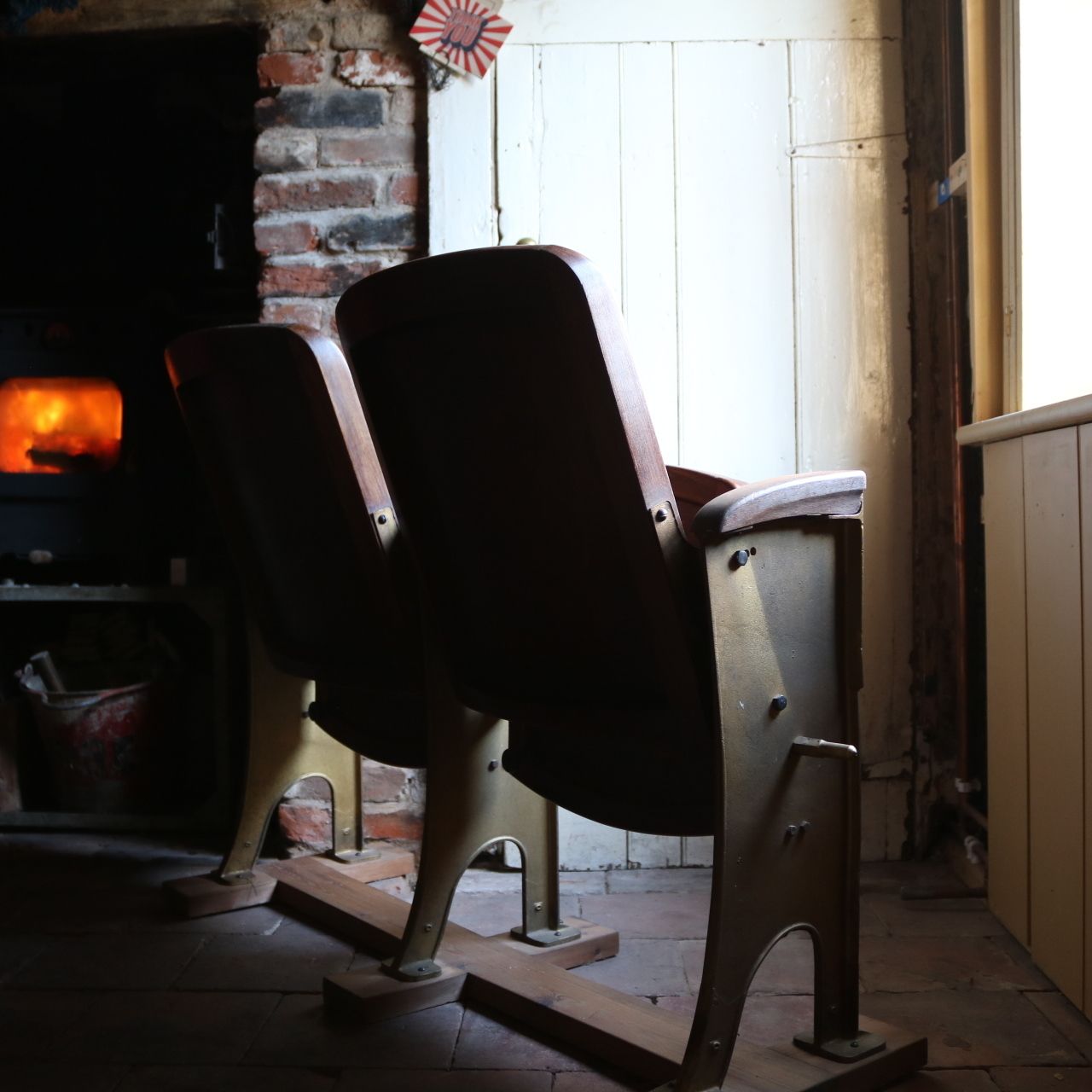 English Antique Beech Wood Cinema Theatre Seats photo vintage