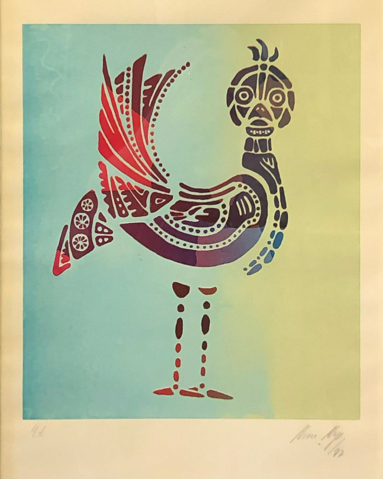 Danish Original Mid Century Print Of Abstract Bird In Great Colors From 1977 photo Art