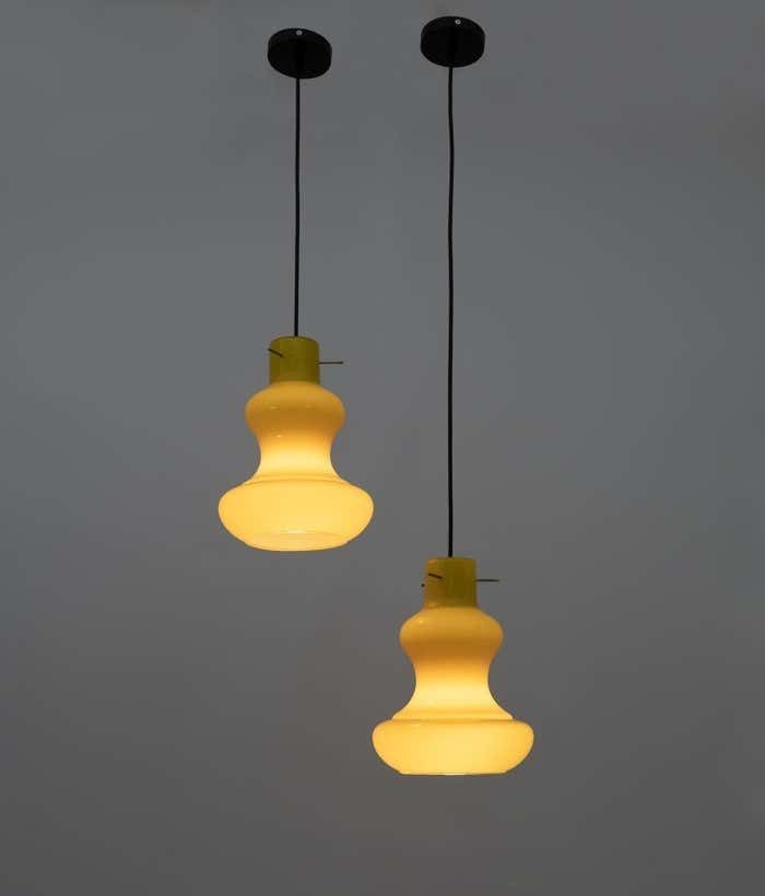 Massimo Vignelli Mid Century Modern Murano Glass Pendants For Vistosi, 60s Pair photo furniture