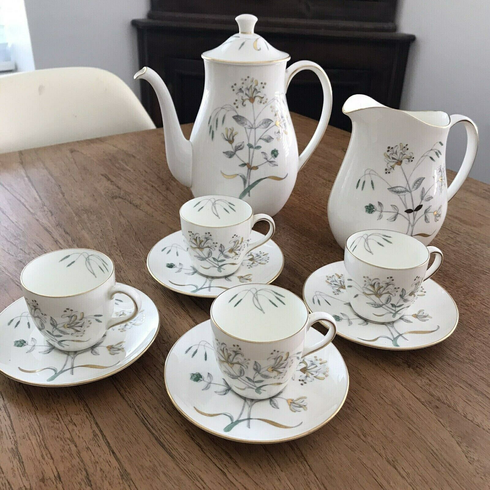 Wedgwood Honeysuckle Grey Coffee Espresso Set Pot Jug 4 X Cups & Saucers 50s