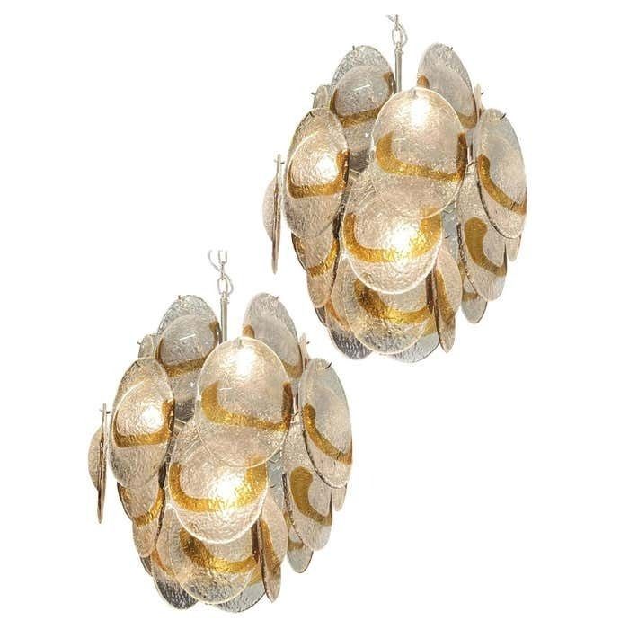 Elegant Vintage Italian Murano Chandeliers, 24 Clear And Amber