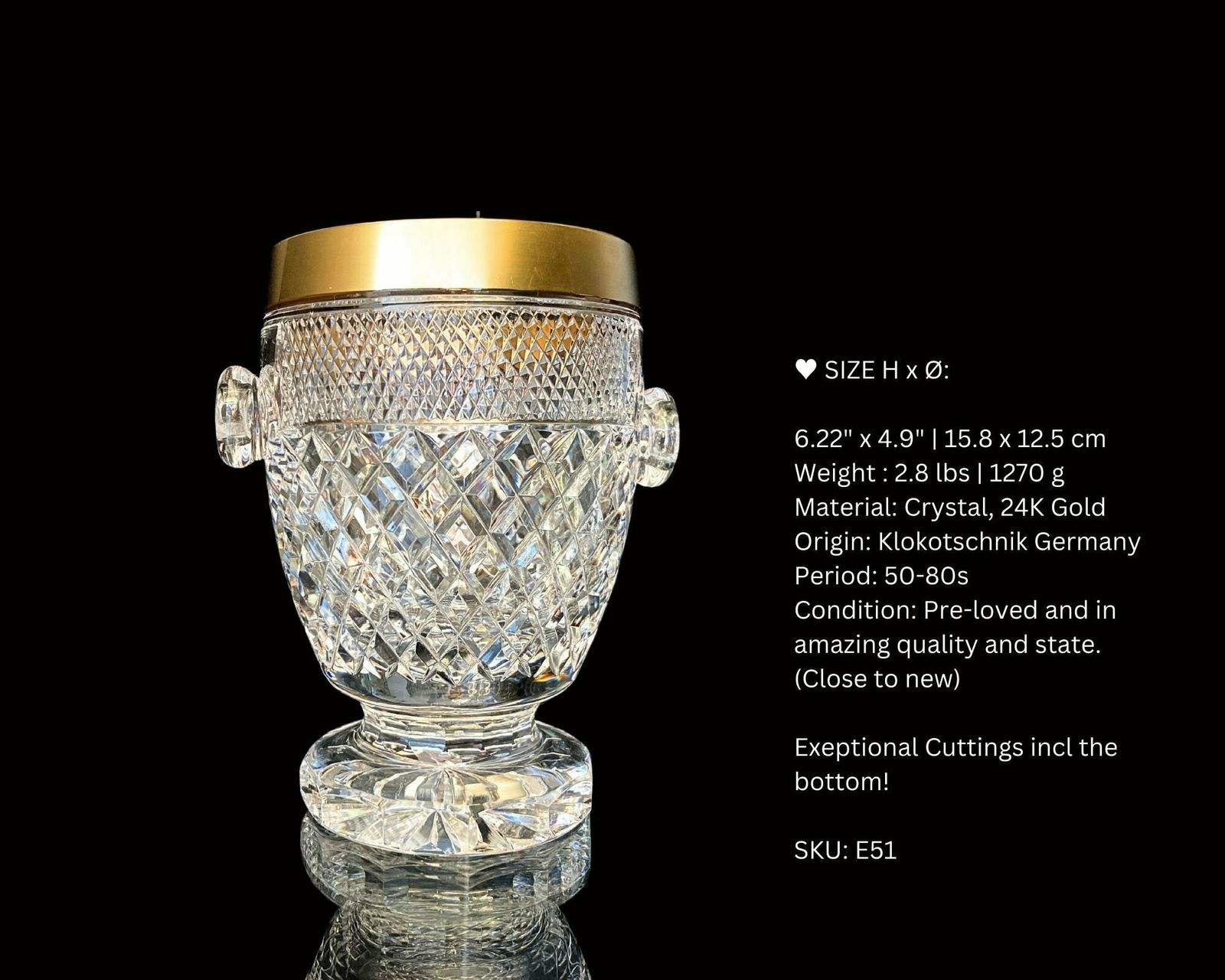 Crystal Ice Bucket With Handles | 24k Gold Trim | Diamond Cuttings | 1950s 1970s photo Home Decor