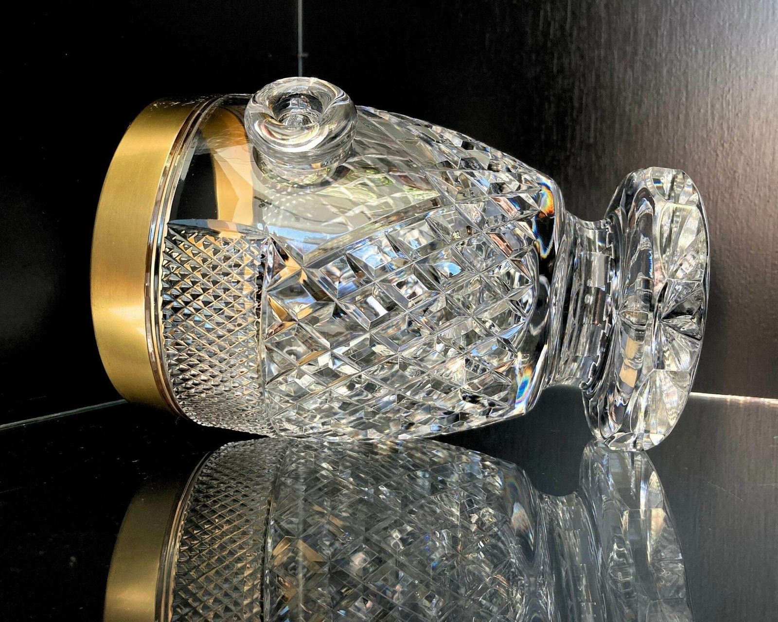 Crystal Ice Bucket With Handles | 24k Gold Trim | Diamond Cuttings | 1950s 1970s photo vinterior