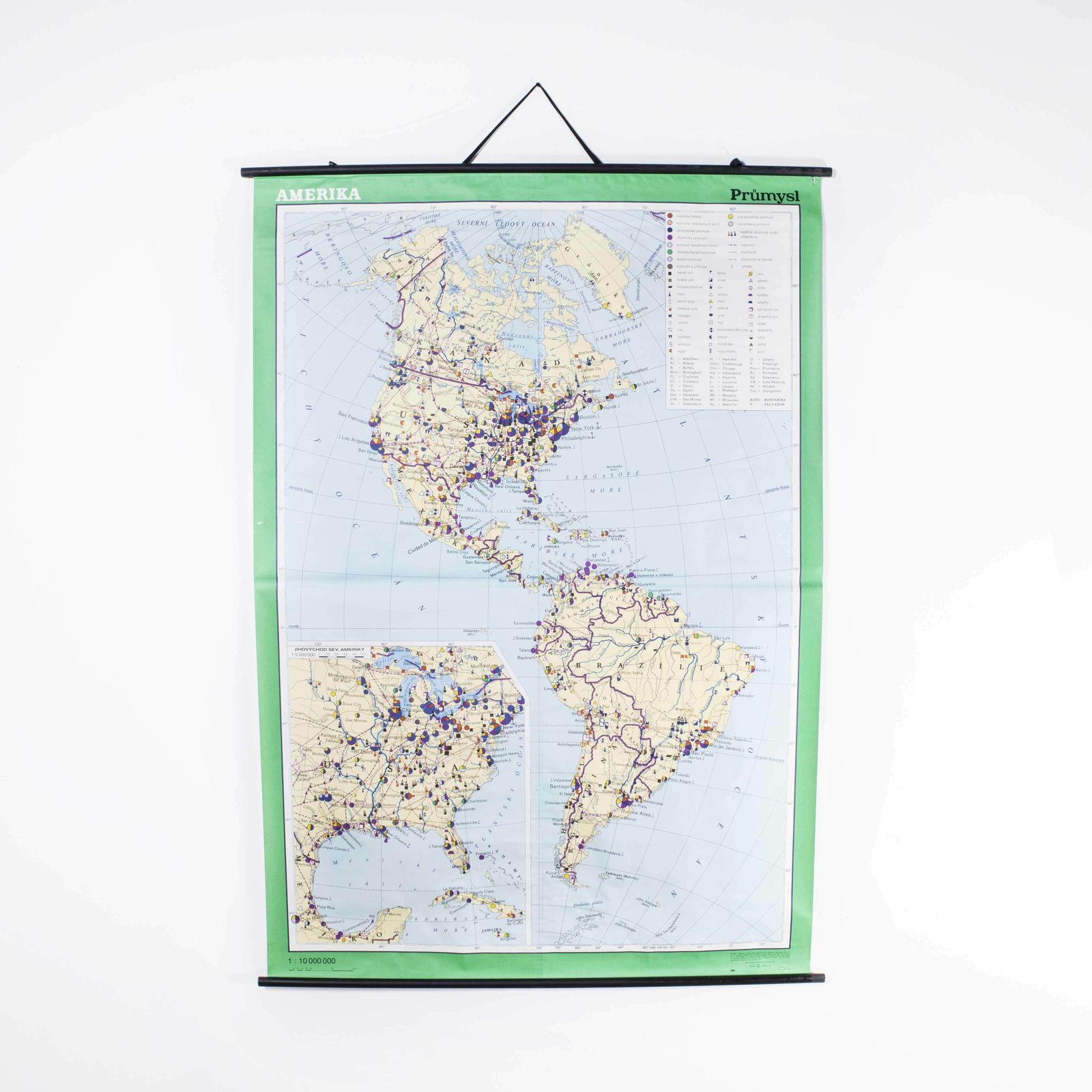 Late 20th Century Educational Geographic Map  Continent Of Americas Industry