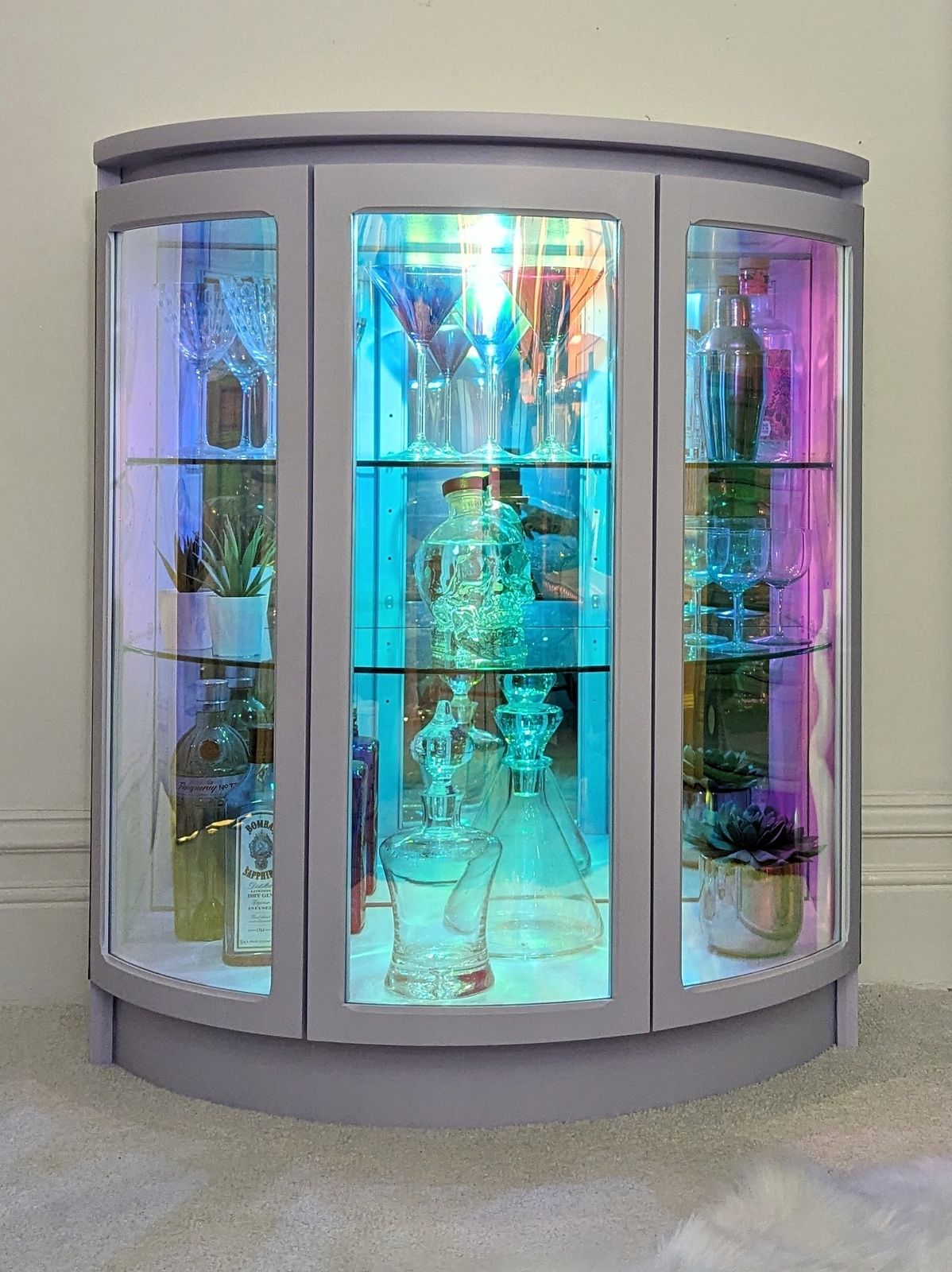 Luna | Lilac Drinks Cabinet With Iridescent Curved Glass photo buy