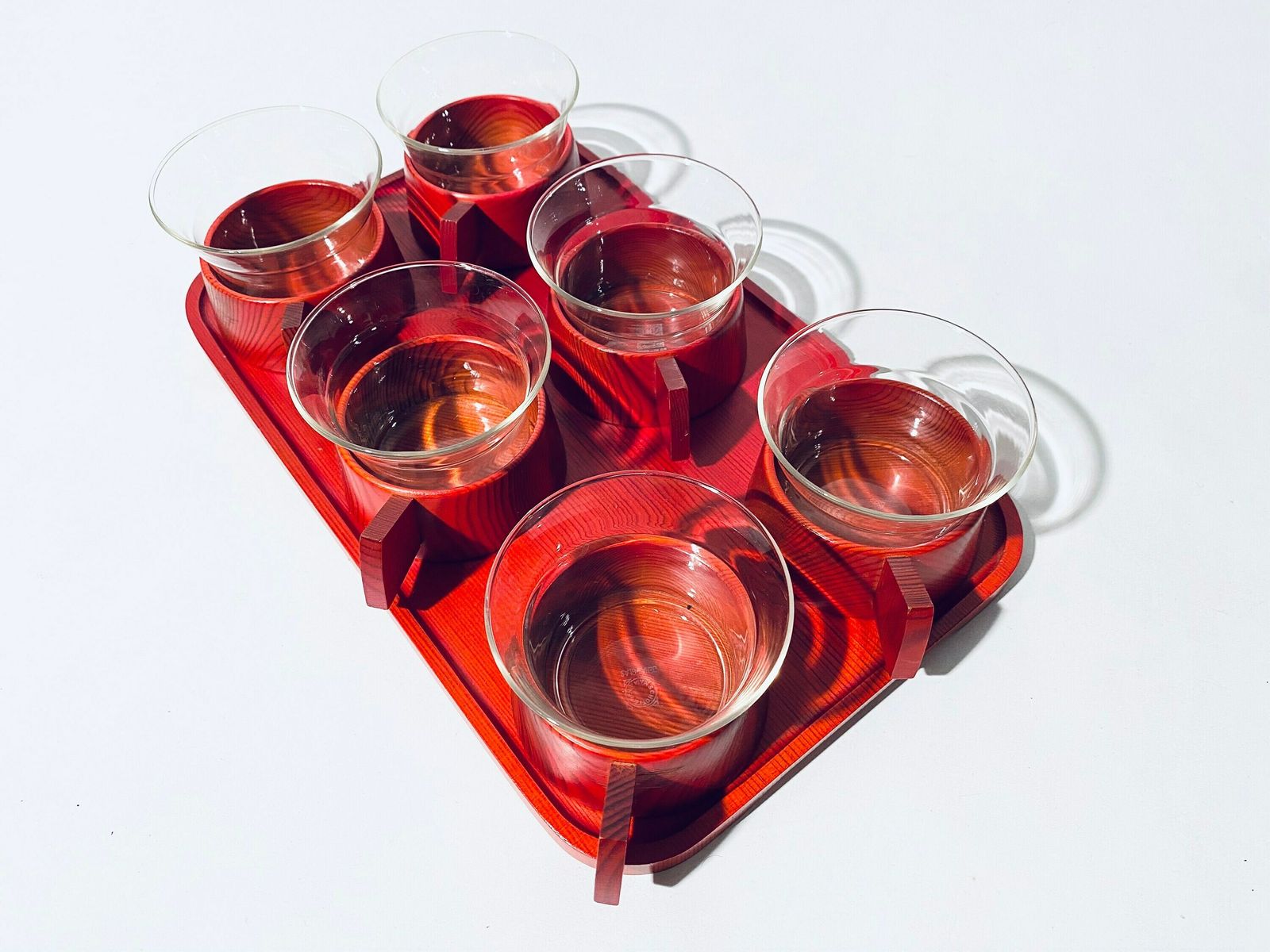Red Wooden Tea Set With Six Glasses Plus Tray Schott Mainz Jenaer Glas / Vintage Decor 1960s photo 111.0