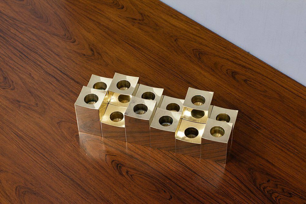 Swedish Cubic Brass Candlesticks By Gusum Metallslöjden, 1980s, Set Of 12 photo furniture