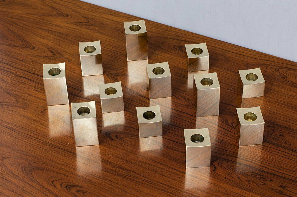 Swedish Cubic Brass Candlesticks By Gusum Metallslöjden, 1980s, Set Of 12 photo vinterior