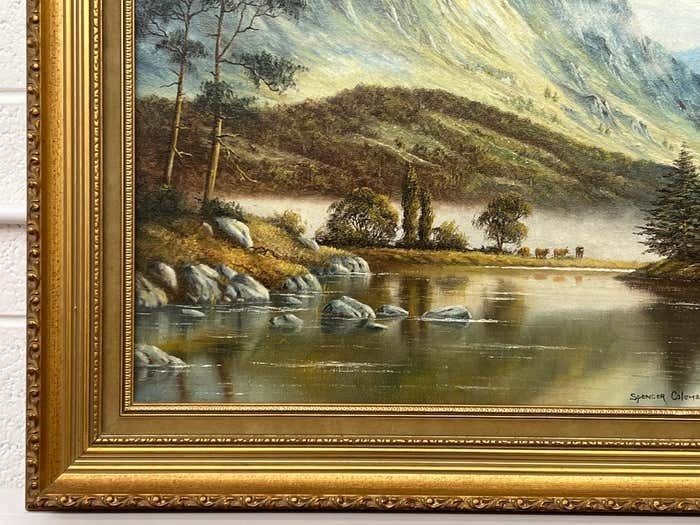 Spencer Coleman Oil Painting Of Mountain Countryside Scene With Lake, Birds & Cattle In England photo vinterior