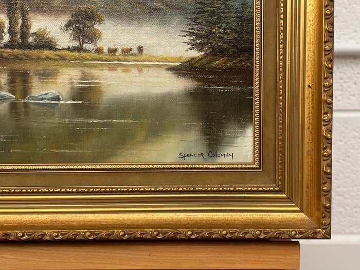 photo for sale Spencer Coleman Oil Painting Of Mountain Countryside Scene With Lake, Birds & Cattle In England