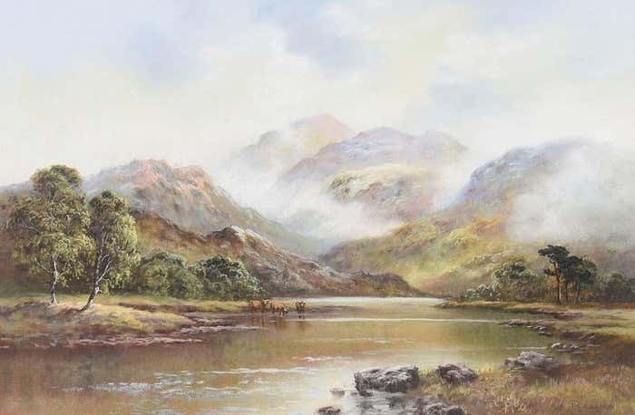 Wendy Reeves Pastel Drawing Of Cattle In English Countryside By 20th Century British Artist 1985 Circa photo Art