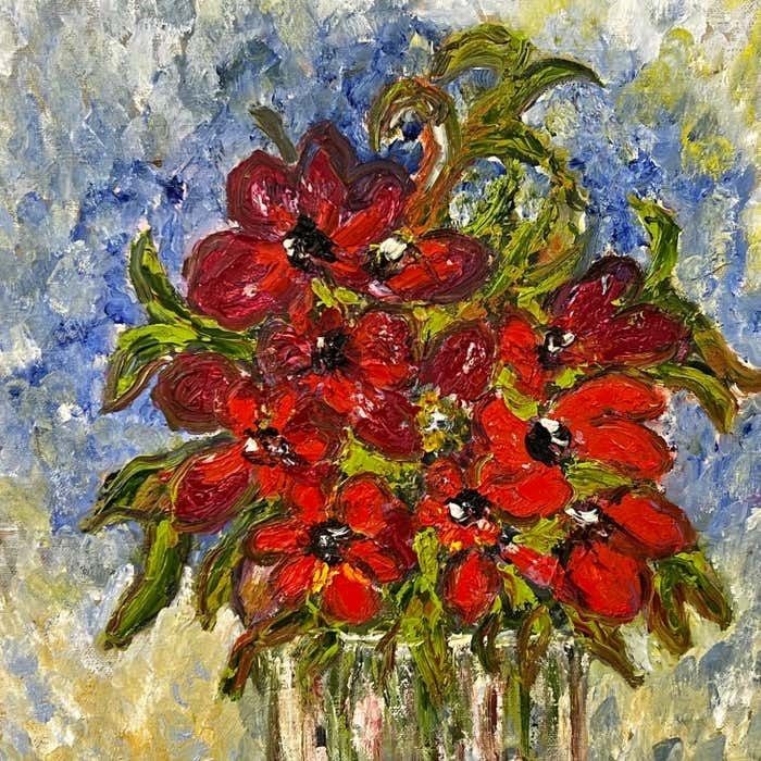 Rose Elizabeth Moorcroft Expressive Still Life Painting Red Rose Flowers 'Red For Love' By British Artist 2000 Circa photo furniture