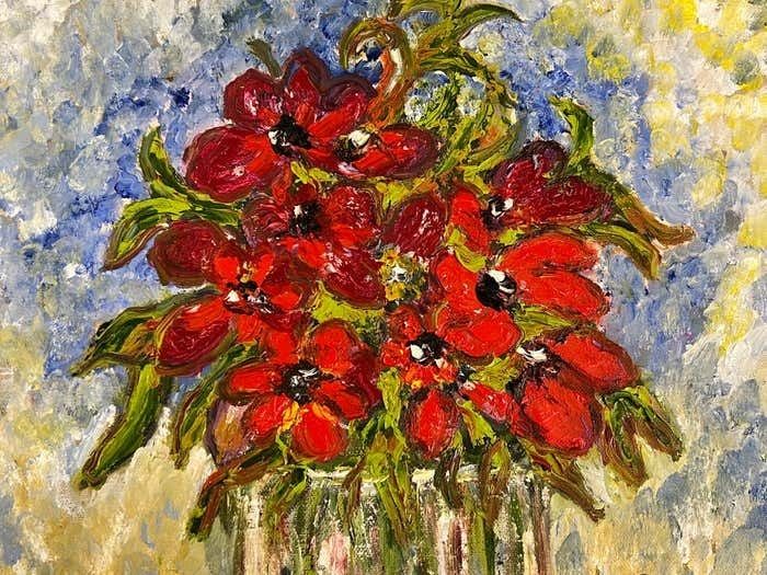 photo vinterior Rose Elizabeth Moorcroft Expressive Still Life Painting Red Rose Flowers 'Red For Love' By British Artist 2000 Circa