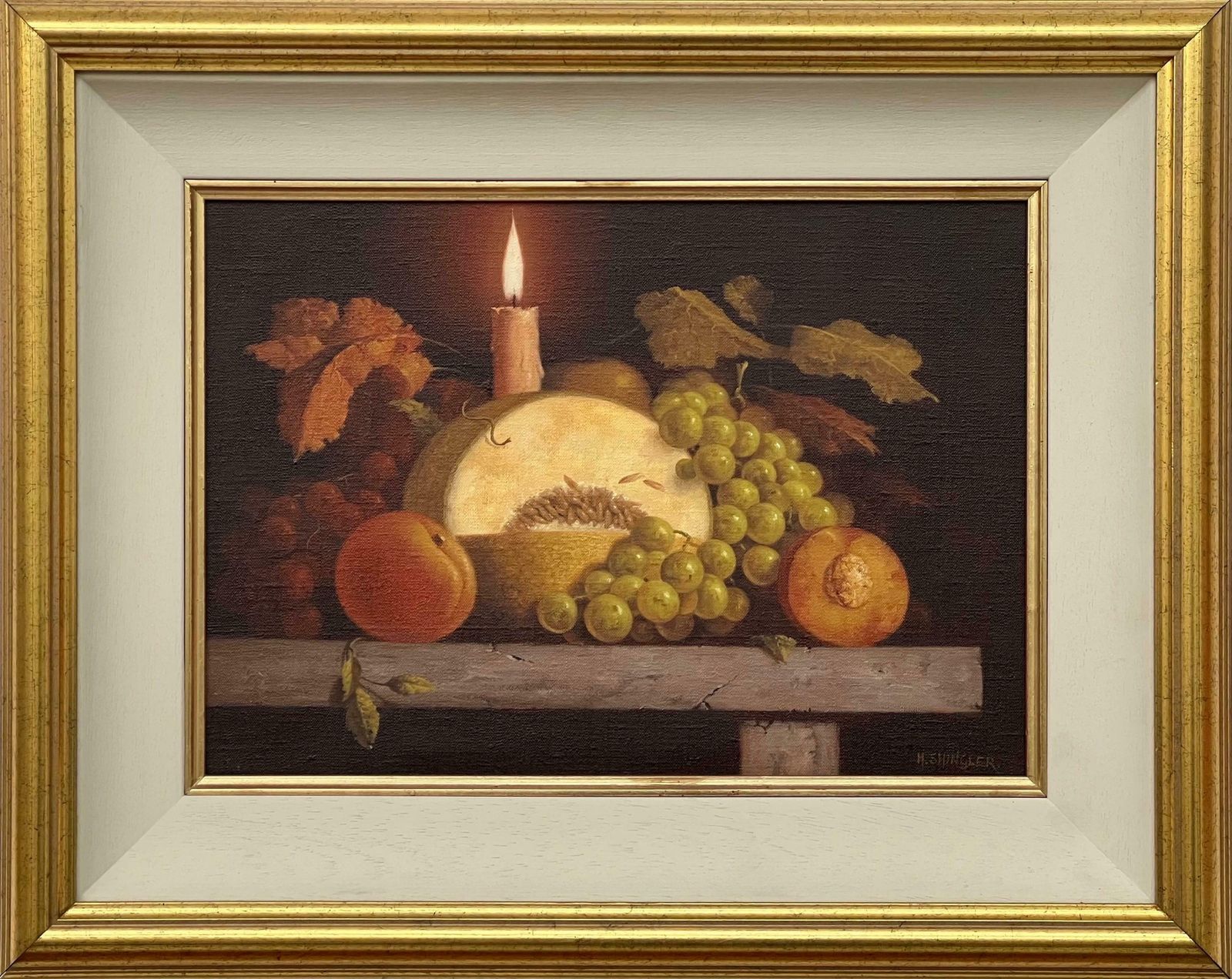 Howard Shingler Traditional Interior Still Life Oil Painting Of Fruit & Candle By British Artist 1985 Circa