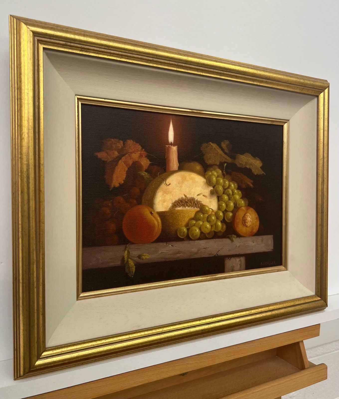Howard Shingler Traditional Interior Still Life Oil Painting Of Fruit & Candle By British Artist 1985 Circa photo furniture