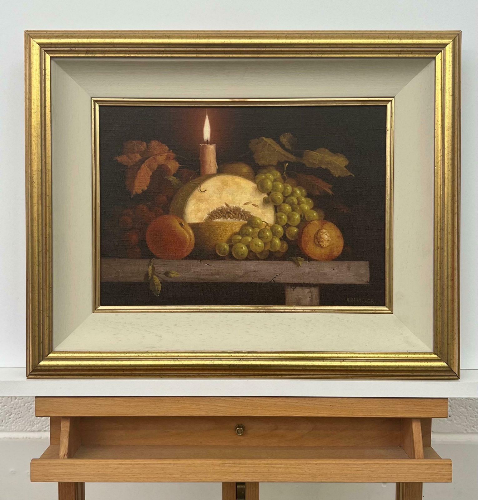 Howard Shingler Traditional Interior Still Life Oil Painting Of Fruit & Candle By British Artist 1985 Circa photo for sale