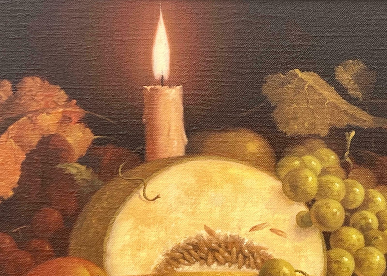 photo for sale Howard Shingler Traditional Interior Still Life Oil Painting Of Fruit & Candle By British Artist 1985 Circa