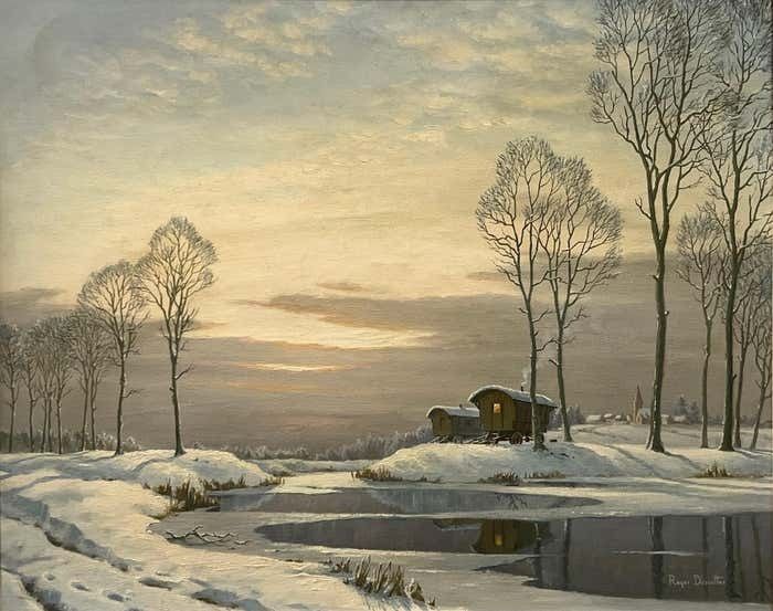 Roger Charles Desoutter 20th Century Painting Of A River Landscape Winter Snow Scene With Gypsy Caravans 1981 photo Art
