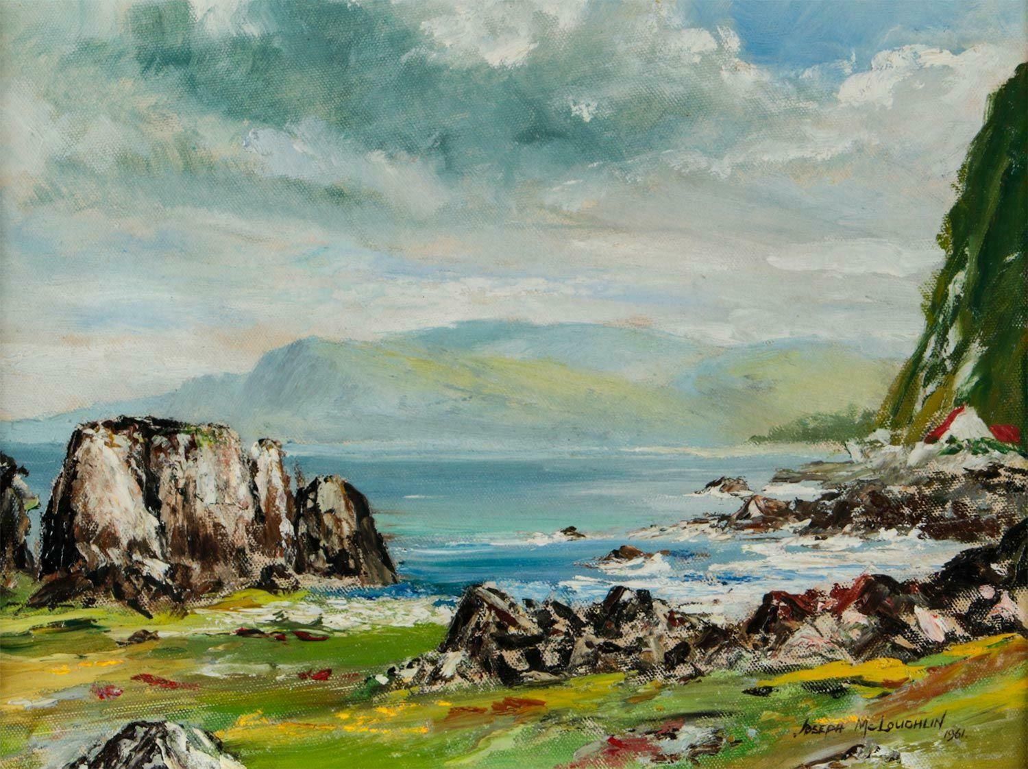 Joseph Mcloughlin Oil Painting Of The North Rocky Coastline Of Ireland By Northern Irish Artist 1961 photo for sale
