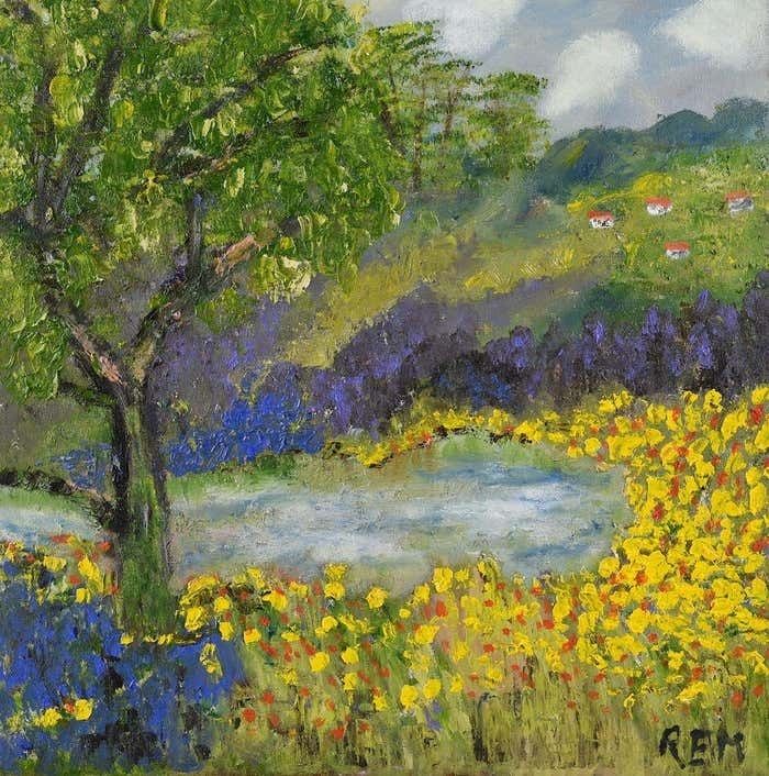 Rose Elizabeth Moorcroft Spring Garden Abstract Landscape With Yellow Flowers And Tree By British Artist 2000 Circa